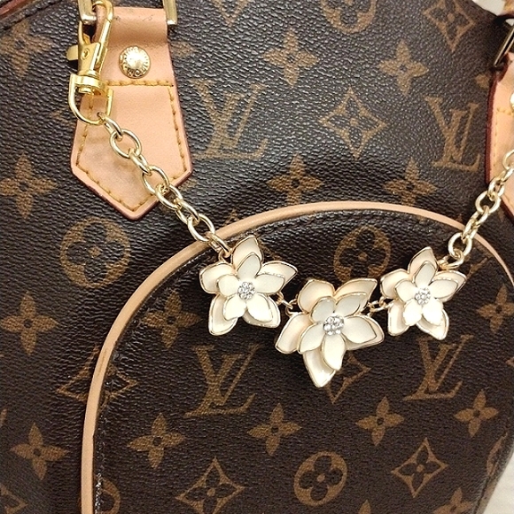 Purse Chain Charm 3 Camelia Plumeria Flowers Roses w Simulated Diamond G… - Picture 7 of 11